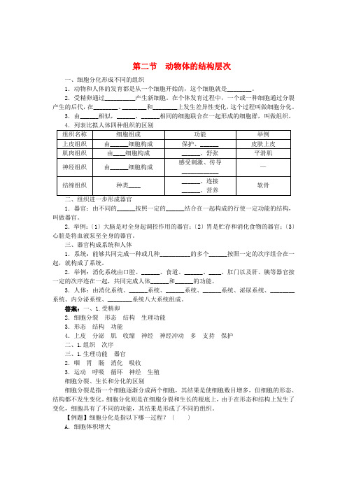 (新)人教版七上2.2.2《动物体的结构层次》练习及答案