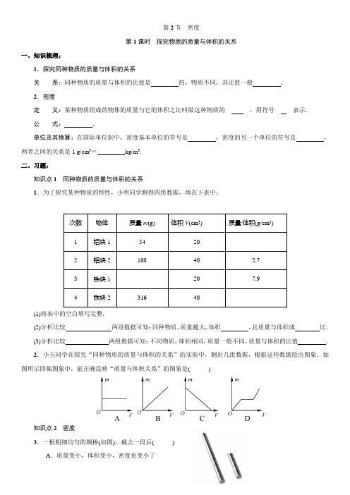 人教版物理八年级上册：6.2 密度  同步练习(附答案)