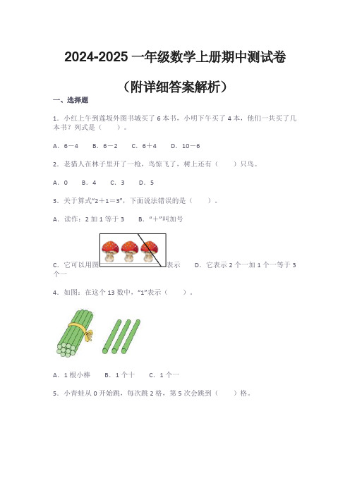 2024-2025一年级数学上册期中测试卷(附详细答案解析)