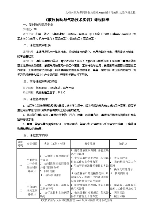 液压传动与气动技术实训课程标准