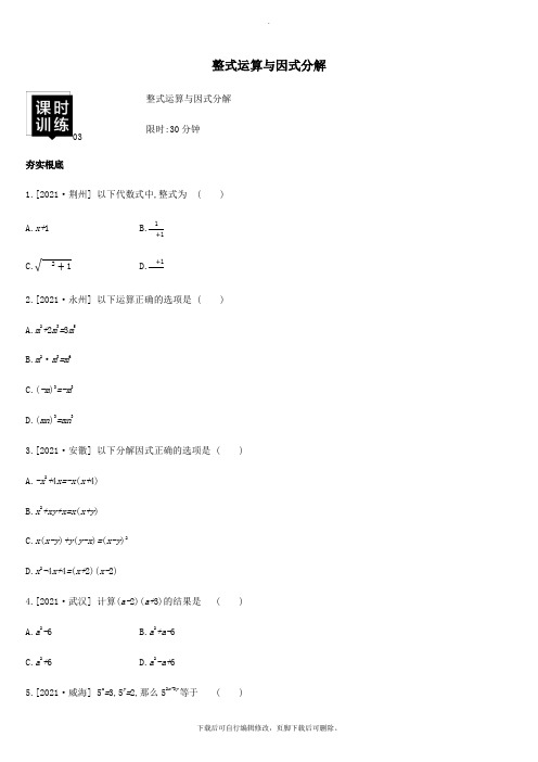 湖南省2021年中考数学总复习第一单元数与式课时训练03整式运算与因式分解练习