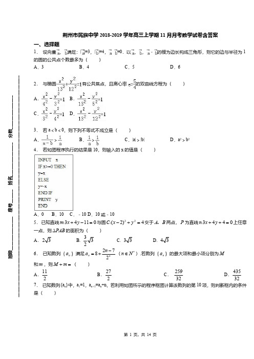 荆州市民族中学2018-2019学年高三上学期11月月考数学试卷含答案