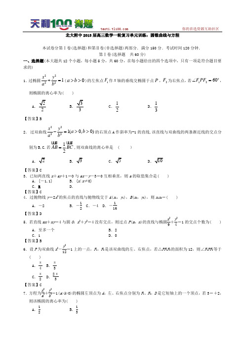 北大附中2013届高三数学一轮复习单元训练：圆锥曲线与方程