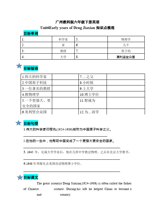 六年级下册英语知识点梳理-Unit6 Early years of Deng Jiaxian 教科