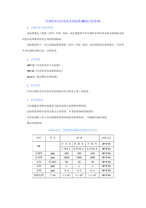 空调用水及冷却水水质标准