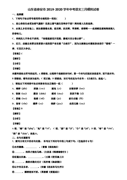 山东省泰安市2019-2020学年中考语文三月模拟试卷含解析