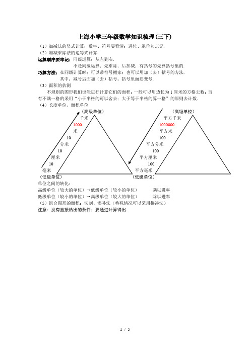 上海小学三年级数学知识梳理(三下)