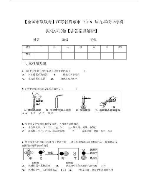 全国市级联考江苏省启东市2019届初中九年级的初中中考模拟化学试卷习题包括答案及解析.doc