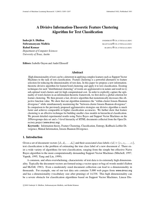 A divisive information-theoretic feature clustering algorithm for text classification