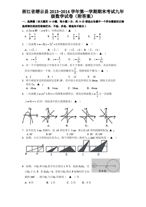 浙江省缙云县2013-2014学年第一学期期末考试九年级数学试卷(附答案)