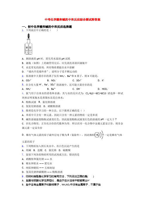 中考化学酸和碱的中和反应综合测试附答案