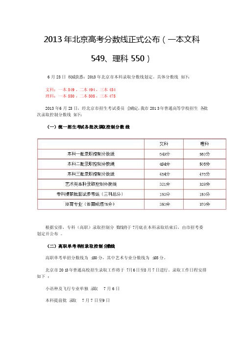 2013年北京高考分数线正式公布（一本文科549、理科550）