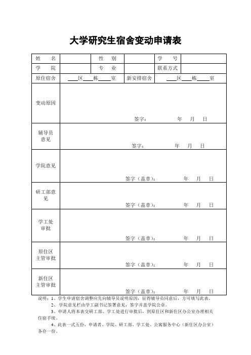 大学研究生宿舍变动申请表