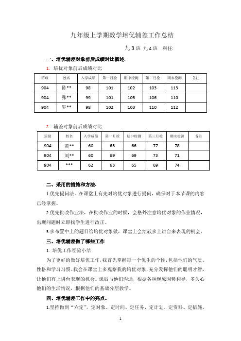 九年级上学期数学培优辅差工作总结