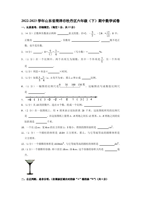 山东省菏泽市牡丹区2022-2023学年六年级下学期期中数学试卷