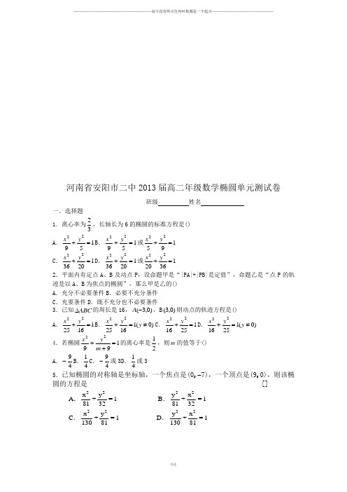 高中数学人教A版选修2-1高二年级数学椭圆单元测试卷