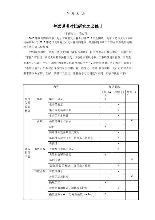 湖北省孝感市高考数学备考资料 研究专题3(必修1)：考试说明对比研究之必修1.pptx