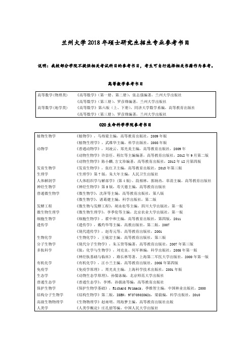 兰州大学2018年硕士研究生招生专业参考书目说明我校部分学院不