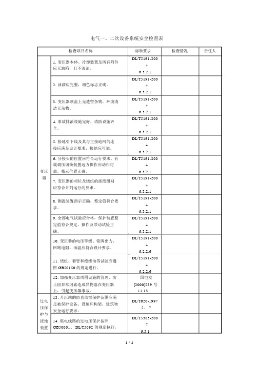 《电气一、二次设备系统安全检查表》