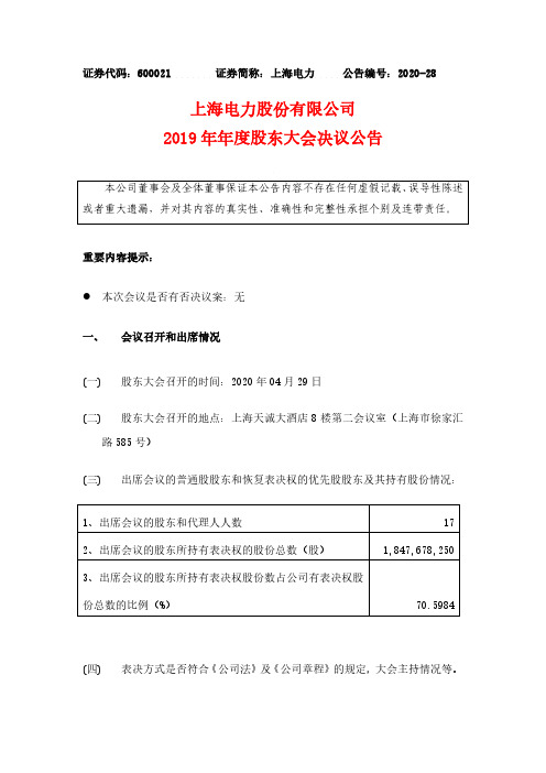 上海电力：2019年年度股东大会决议公告