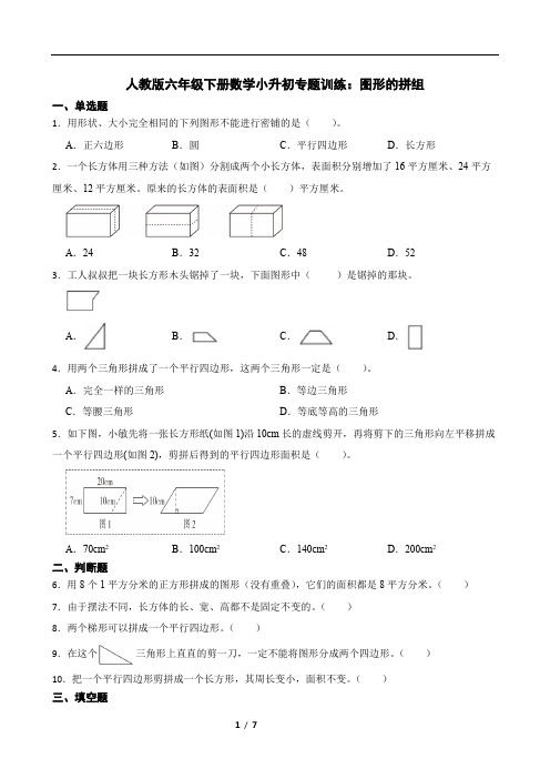 人教版六年级下册数学小升初专题训练：图形的拼组