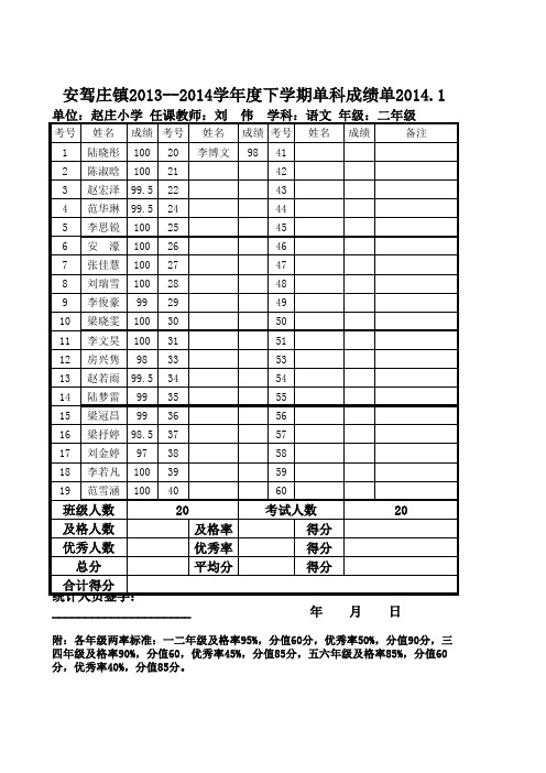 二年级语文成绩单