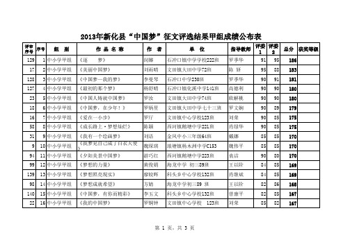 2013年新化县“中国梦”征文评选结果公布表-定1