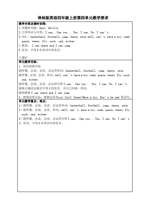 译林版英语四年级上册第四单元教案