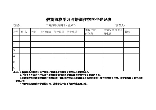 假期留校学习与培训住宿学生登记表