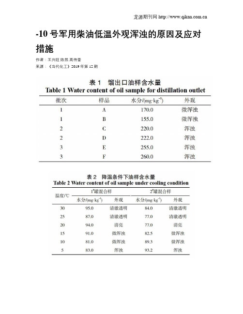 -10号军用柴油低温外观浑浊的原因及应对措施