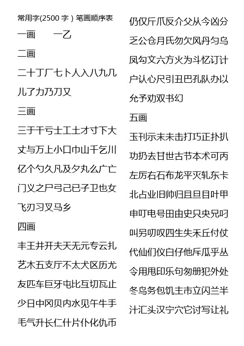 常用字(2500字)笔画顺序表-瘦金体