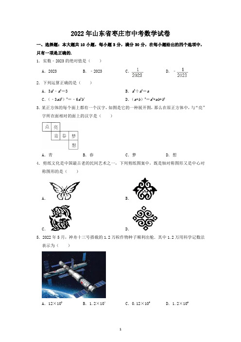 2022年山东省枣庄市中考数学试题及答案解析