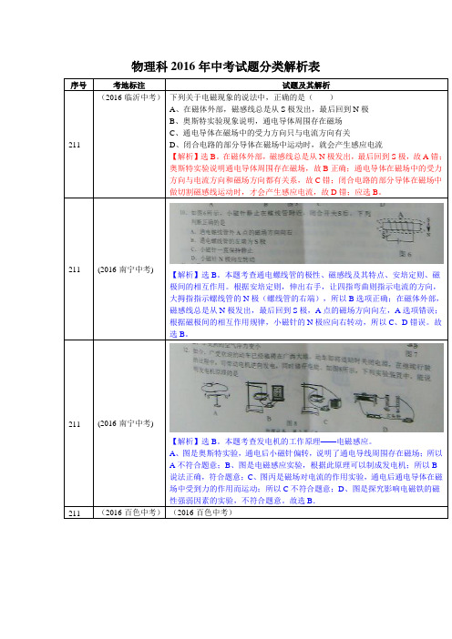 2016年物理中考真题分类汇编电与磁