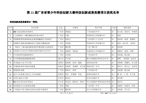 第22届广东省青少年科技创新大赛项目成绩