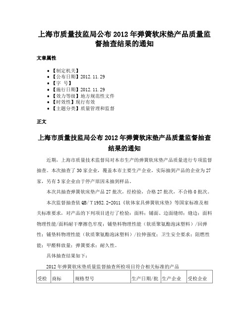 上海市质量技监局公布2012年弹簧软床垫产品质量监督抽查结果的通知