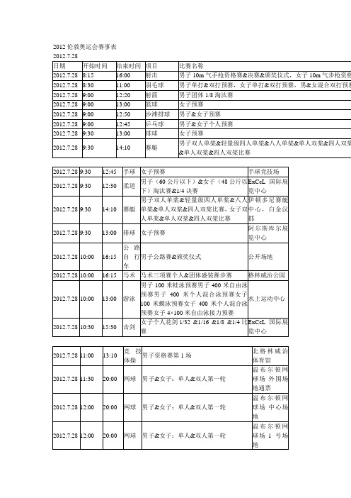 2012伦敦奥运会赛事表