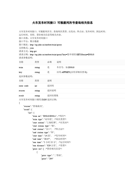 火车发车时间接口 可根据列次号查询相关信息