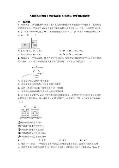 人教版初二物理下学期第九章 压强单元 易错题检测试卷