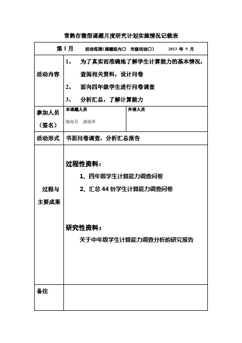 常熟市微型课题月度研究计划实施情况记载表