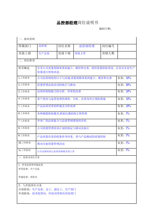 品控经理岗位说明书