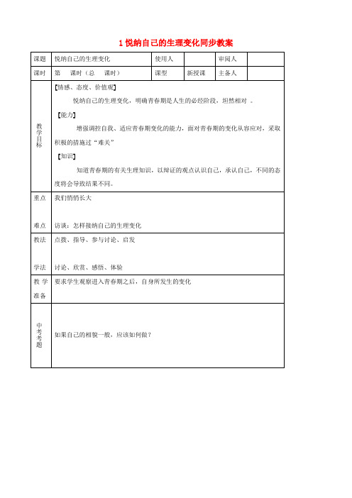 七年级思品下册 1悦纳自己的生理变化同步教案 鲁教版