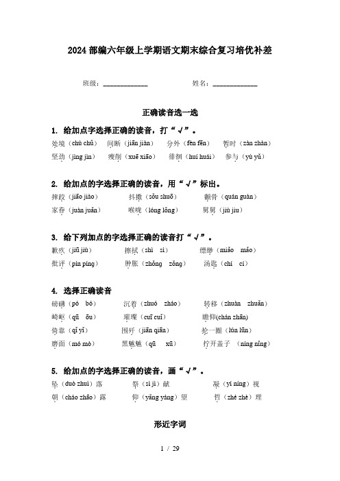 2024部编六年级上学期语文期末综合复习培优补差