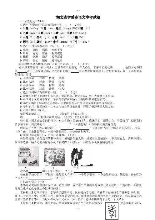 2020届湖北省孝感市语文中考试题(有答案)(精校版)