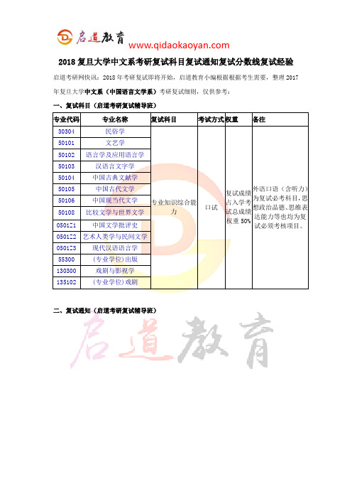 2018复旦大学中文系考研复试科目复试通知复试分数线复试经验