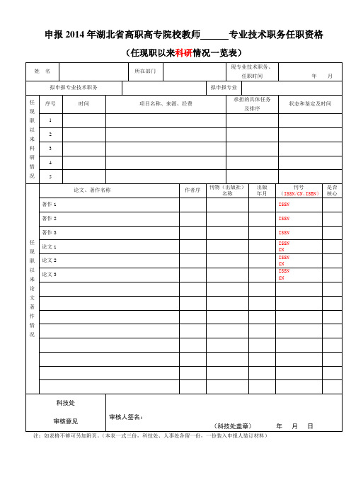 湖北省申报专业技术任职资格任现职以来科研成果统计表