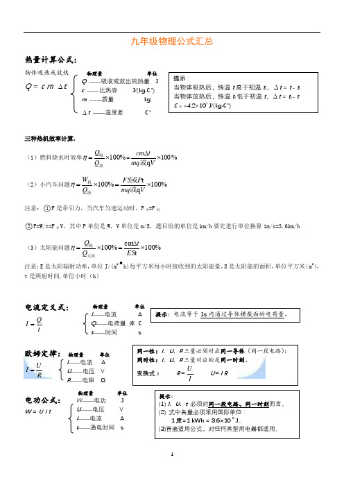 沪科版九年级物理公式总结