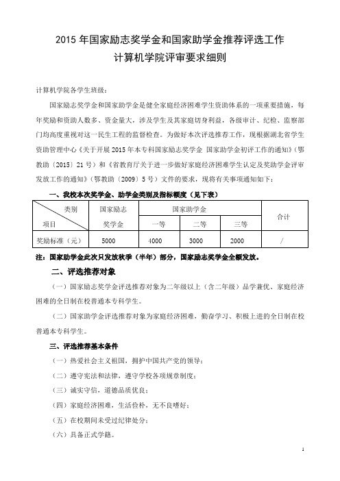 2015年计算机学院国家励志奖学金、国家助学金评审要求细则