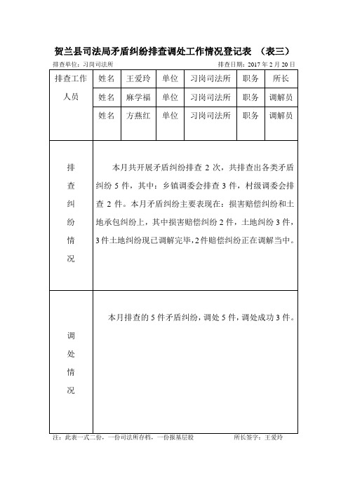 贺兰县司法局矛盾纠纷排查调处工作情况登记表表三