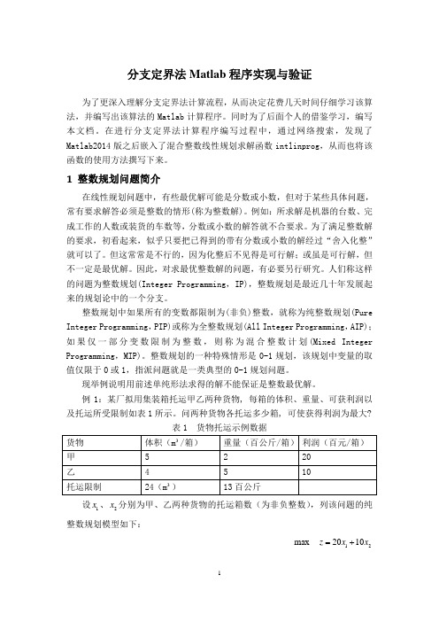 分支定界法Matlab程序实现与验证