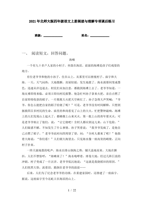 2021年北师大版四年级语文上册阅读与理解专项课后练习